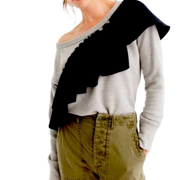J Crew Gray & Black Asymmetrical Pullover Ruffle Sweatshirt Top Sz. XS - Picture 1 of 15